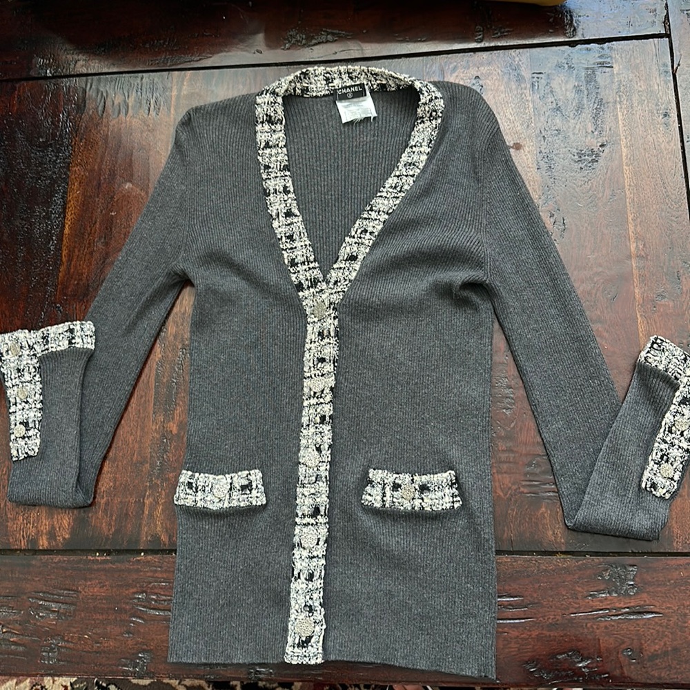 Authentic Chanel sweater cardigan. Gray. Sz 38. Excellent condition.